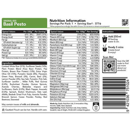 radix basil pesto meal 600kcal ingredients information