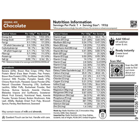 radix chocolate breakfast 400kcal ingredients