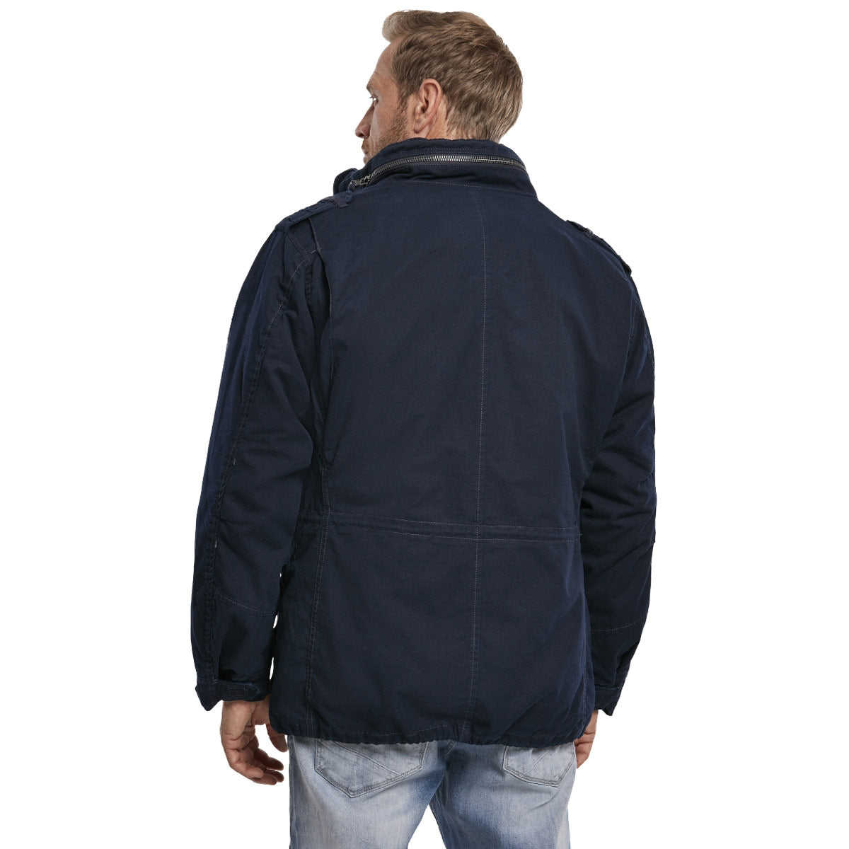 rear angle of brandit navy m65 giant jacket hood zipper