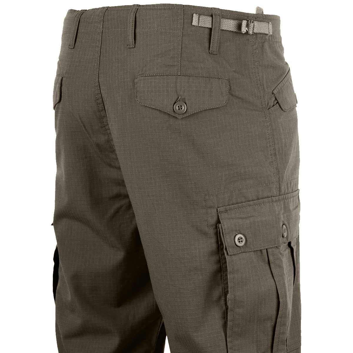 rear angle of highlander m65 green combat trouser pockets and belt loops