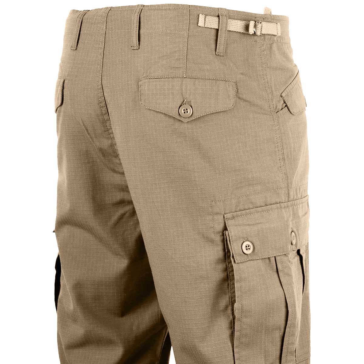rear angle of highlander m65 khaki combat trouser pockets and belt loops