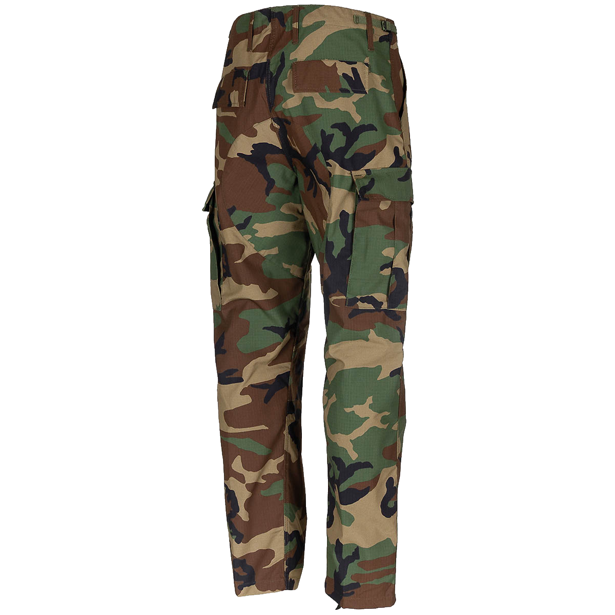 rear angle of mfh woodland camo bdu ripstop trousers