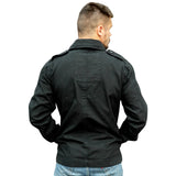 rear of black surplus heritage vintage jacket with epaulettes