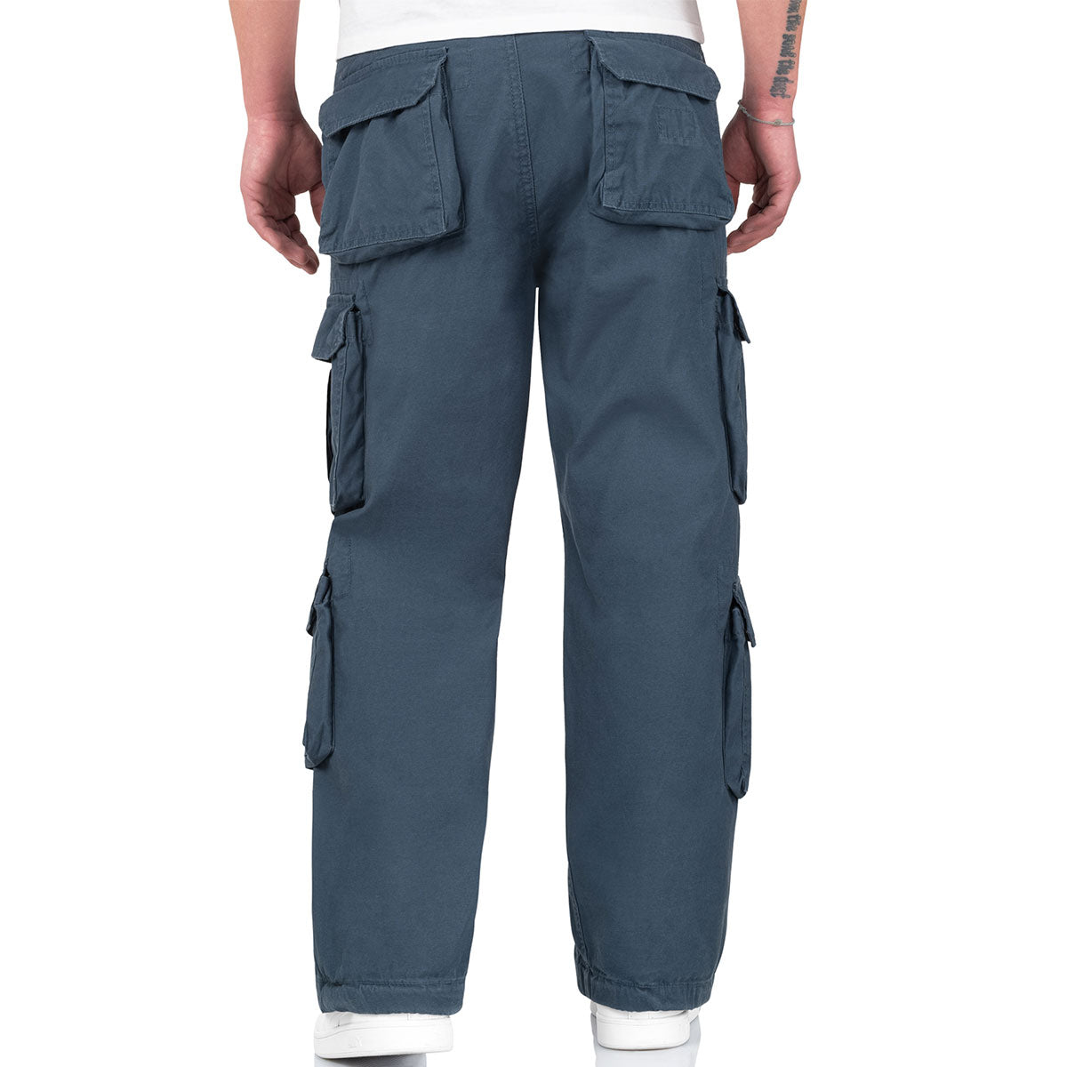 rear of blue surplus airborne vintage cargo trousers