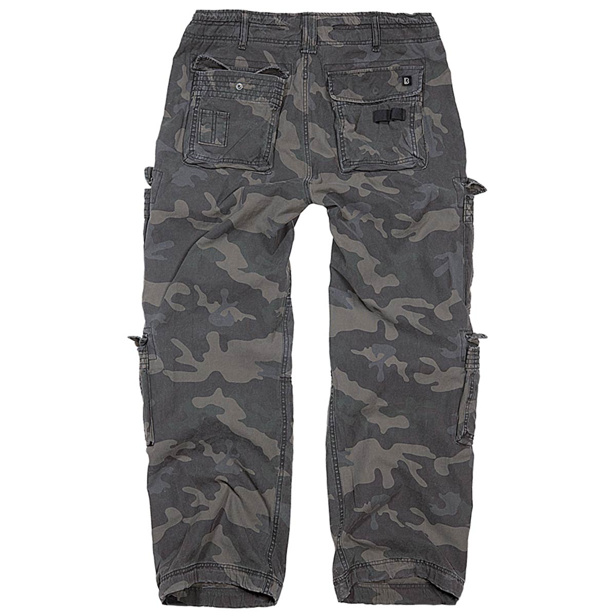 rear of dark camo brandit pure vintage cargo trousers laid flat