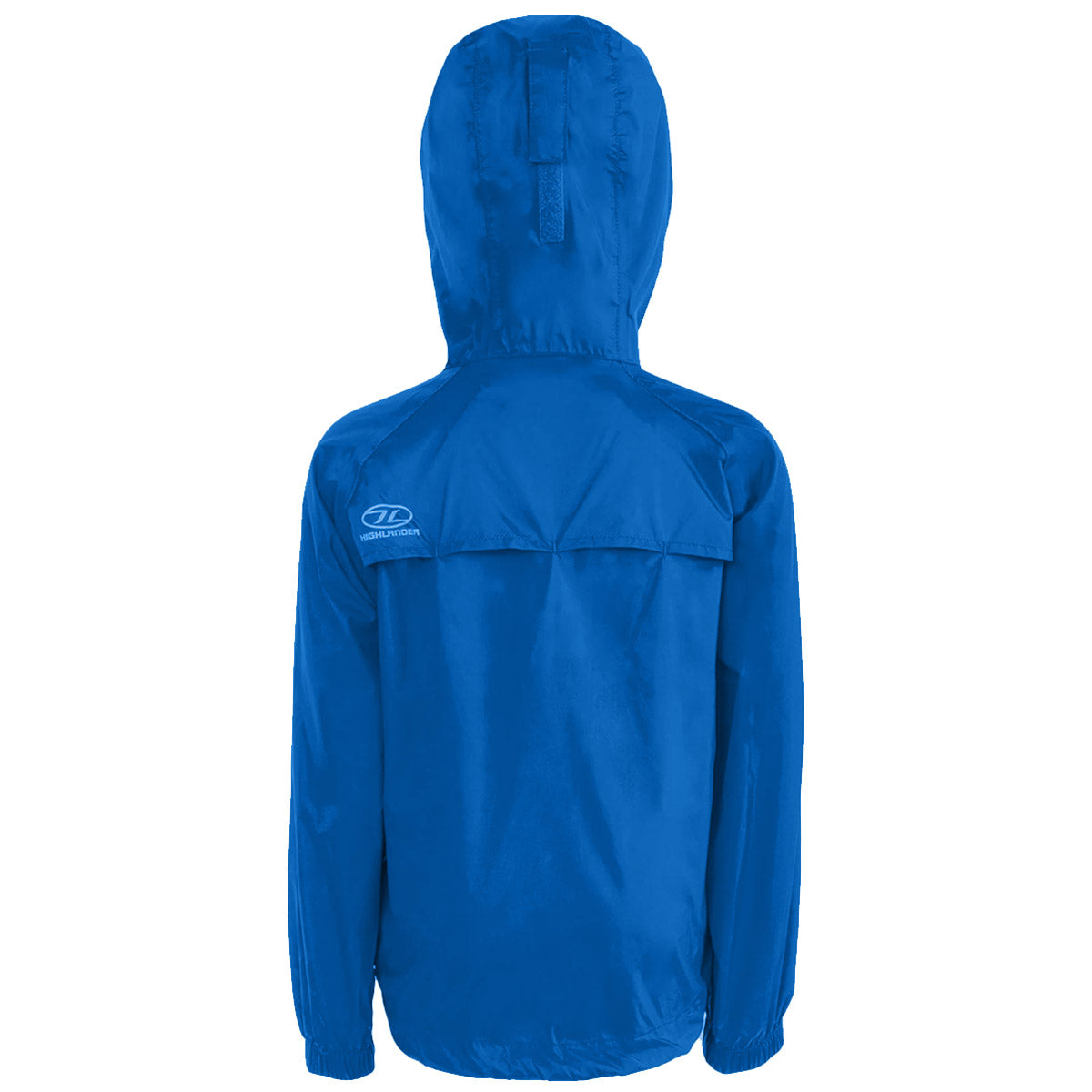 rear of highlander kids stow and go waterproof jacket blue