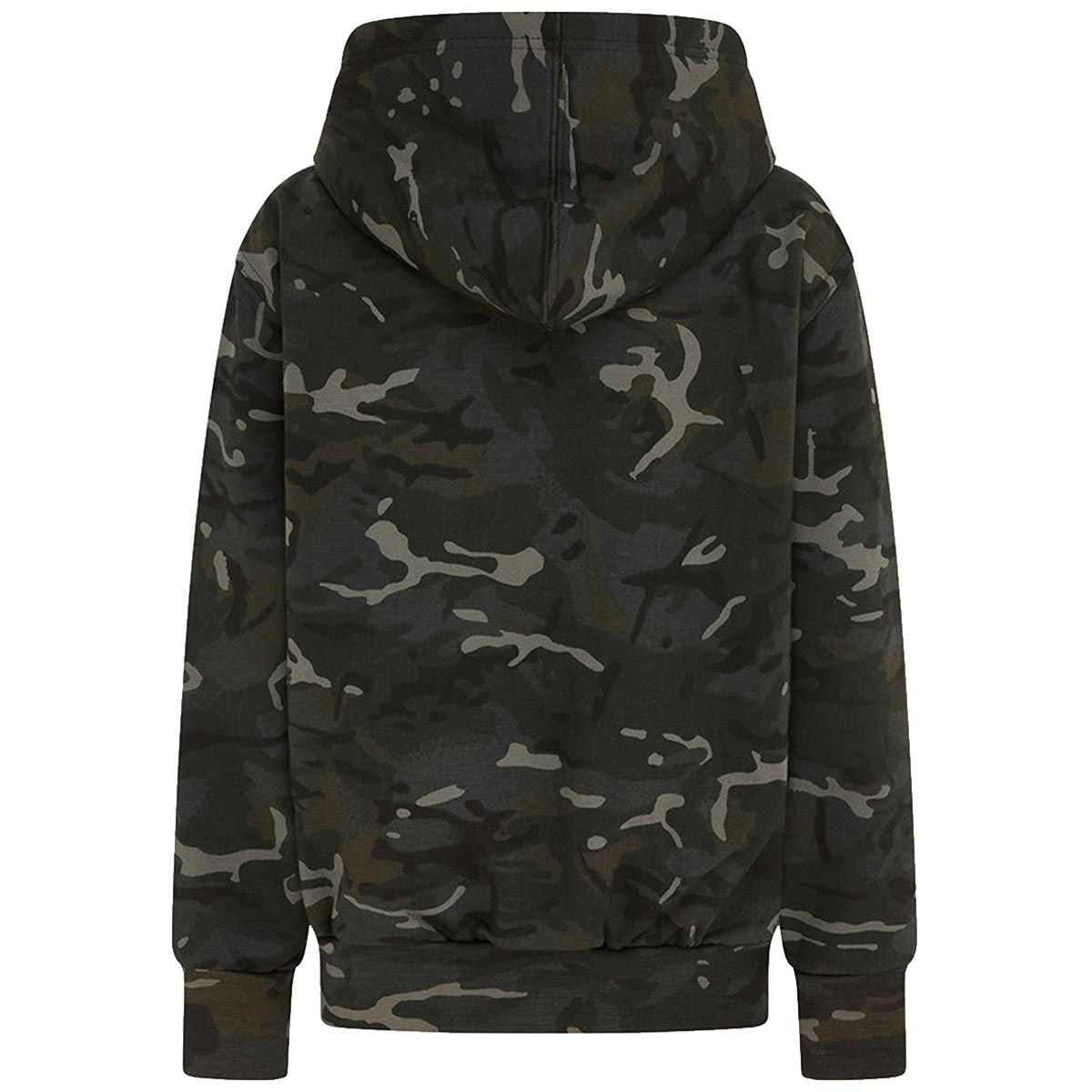 rear of kombat kids hoodies btp black camo with hood down