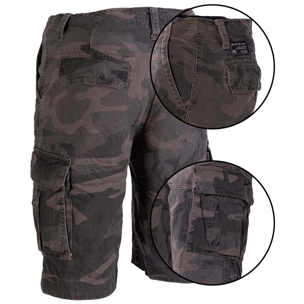 rear of mil tec dark camo prewashed vintage shorts