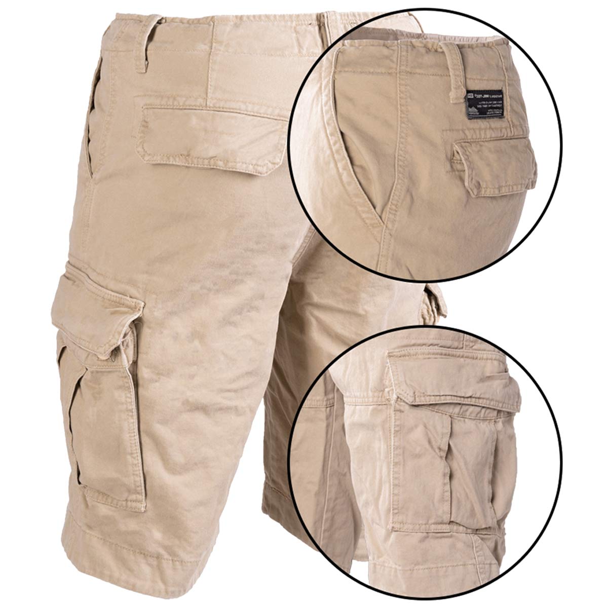 rear of mil tec khaki prewashed vintage shorts