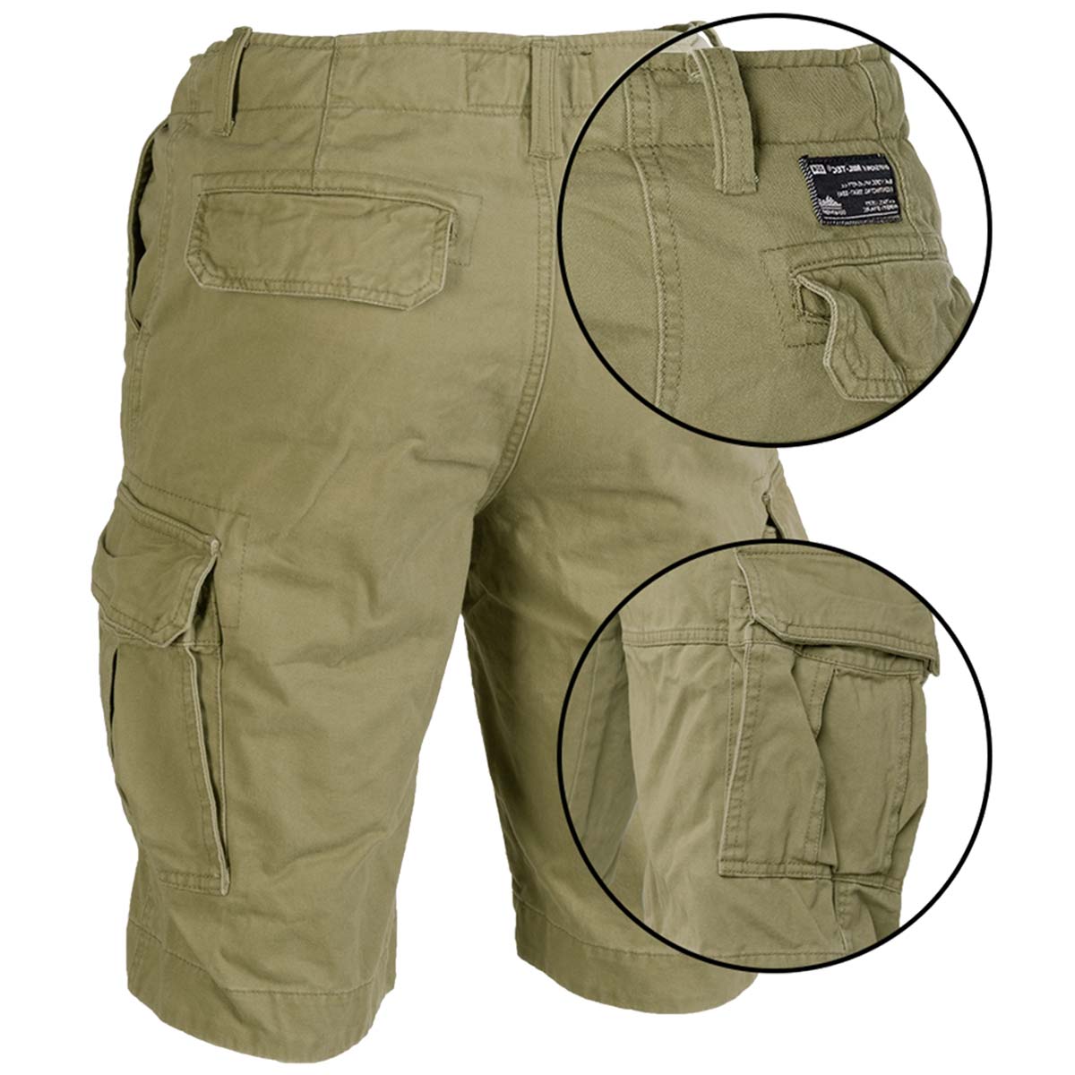 rear of mil tec olive drab prewashed  vintage shorts