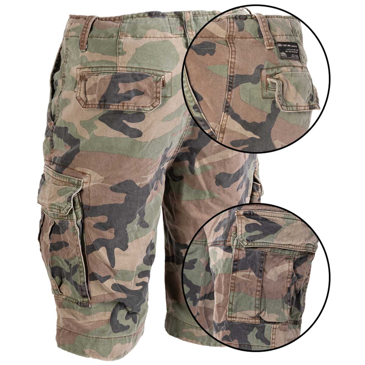 rear of mil tec woodland camo prewashed vintage shorts