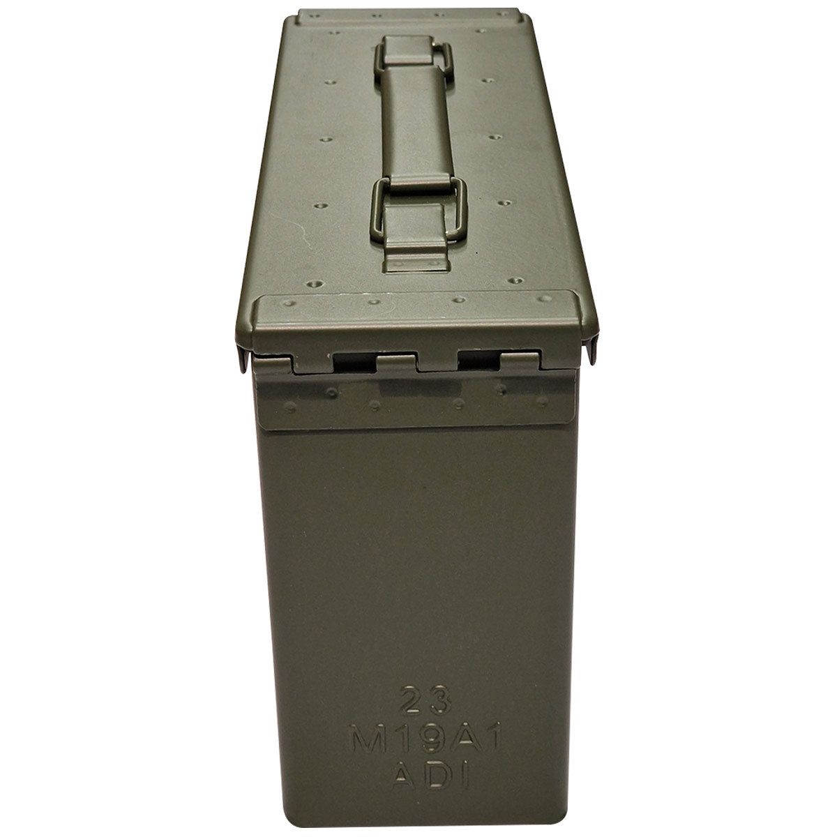 rear of nato m19a1 30 cal olive green ammo box