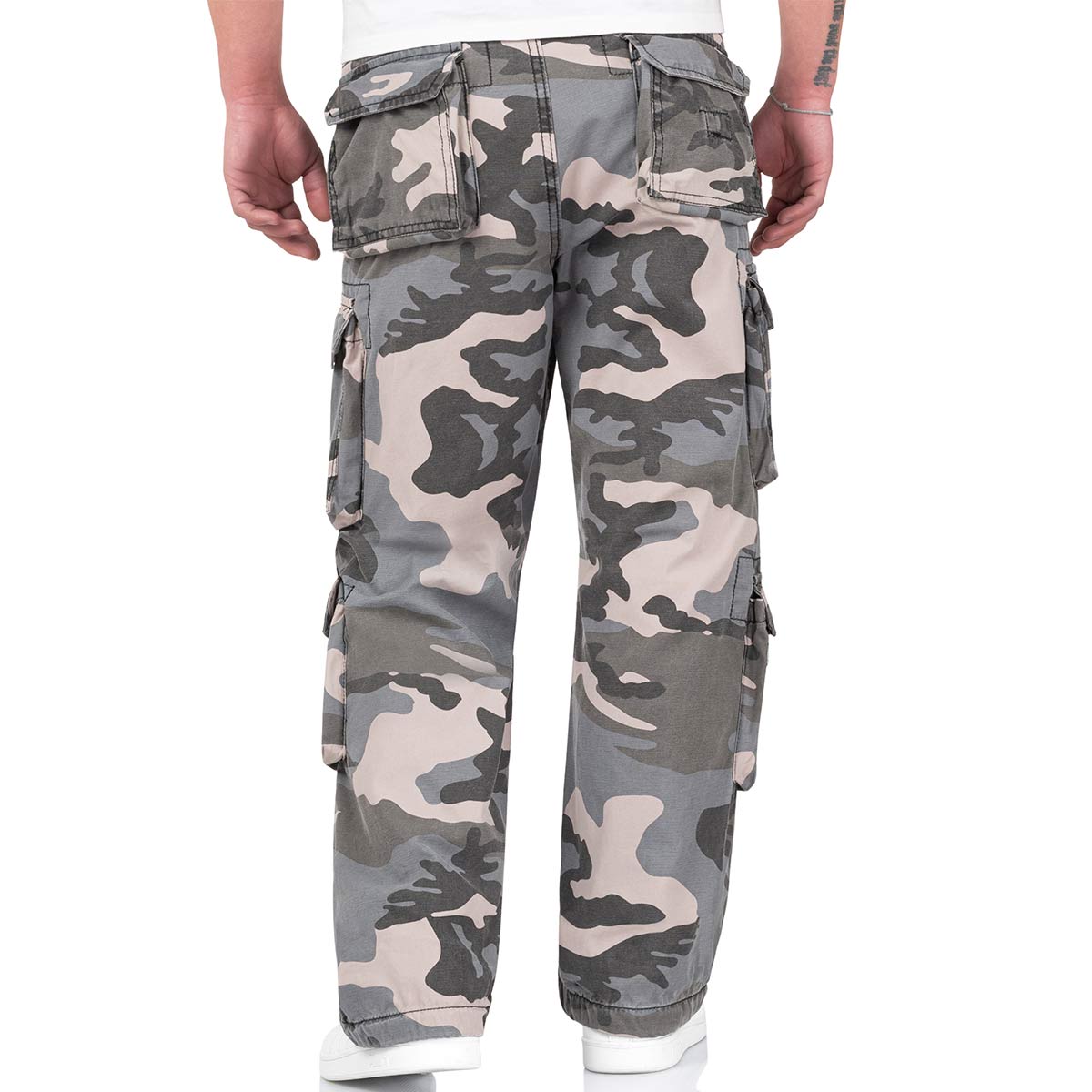 rear of night camo surplus airborne vintage cargo trousers