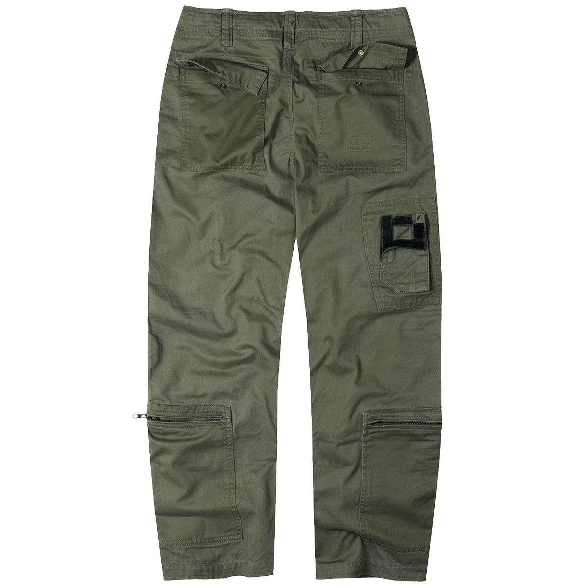 rear of olive green surplus raw vintage infantry cargo trousers