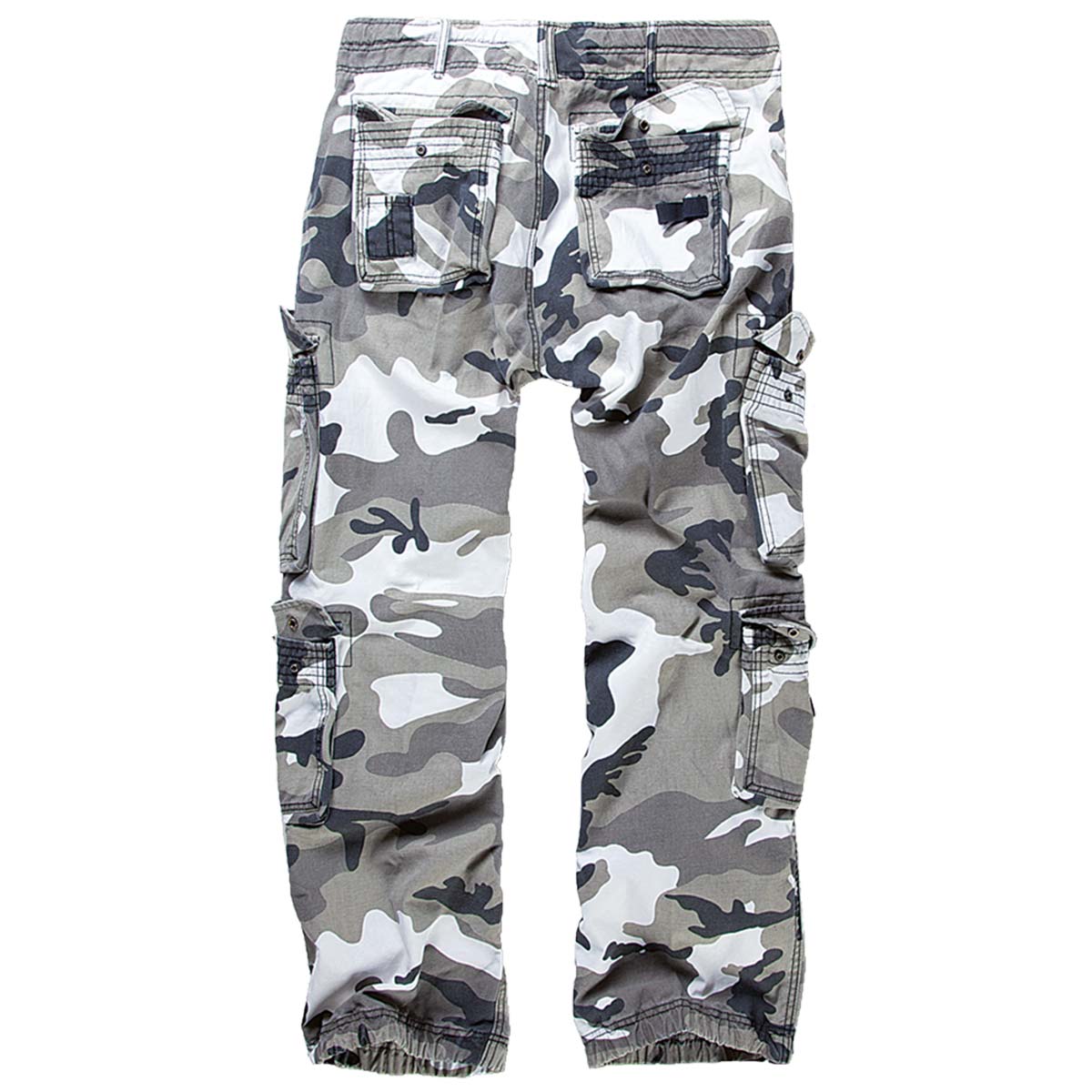 rear of urban camo brandit pure vintage cargo trousers laid flat