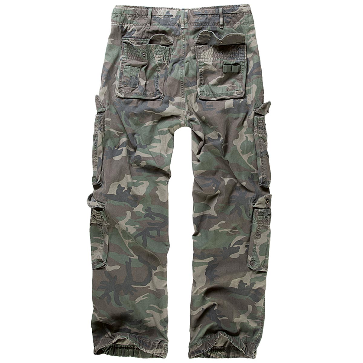 rear of woodland camo brandit pure vintage cargo trousers laid flat