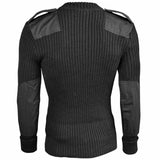 rear view of black army wool commando jumper with epaulettes