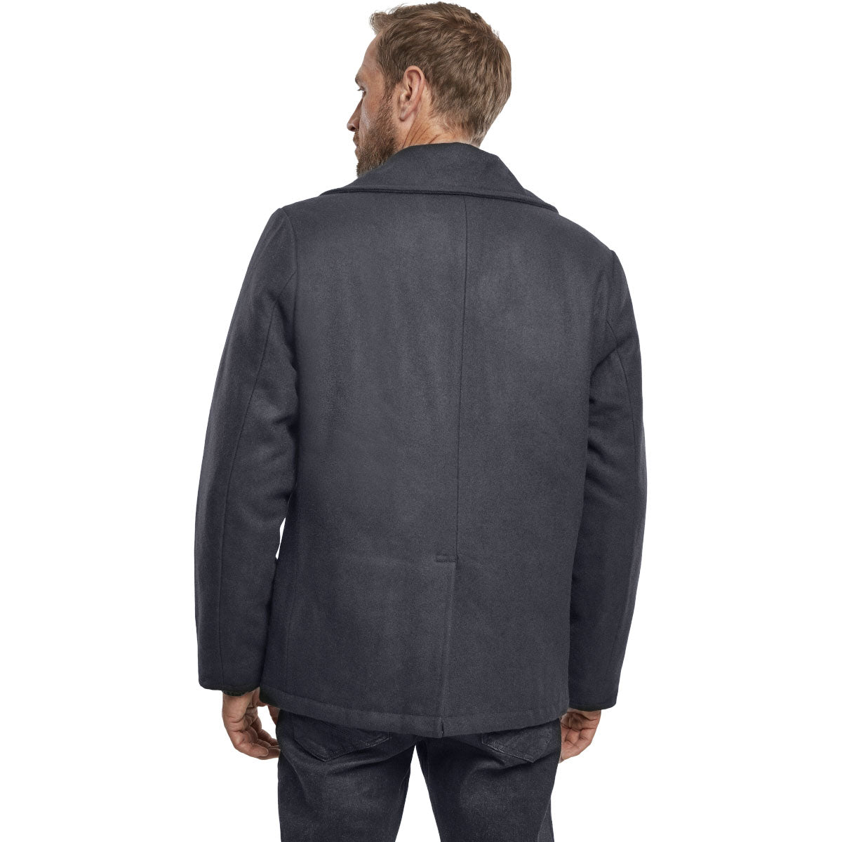 rear view of brandit anthracite grey pea coat with back slit