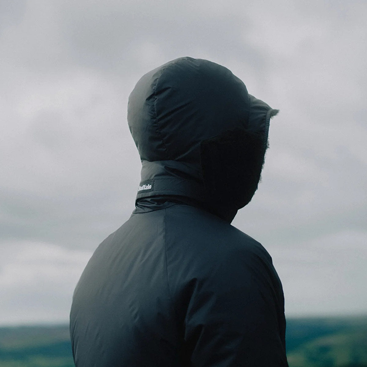 rear view of buffalo dp hood worn outdoors