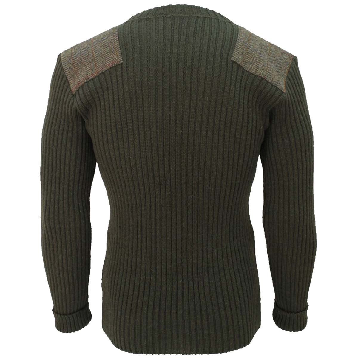 rear view of forrester crew neck woolly pully sweater with harris tweed patches olive