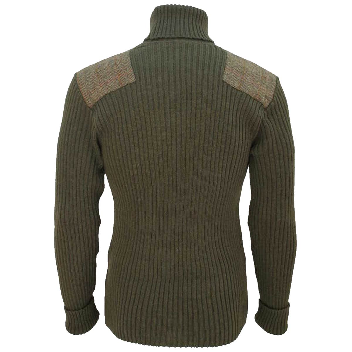rear view of ghillie roll neck woolly pully sweater with harris tweed patches olive