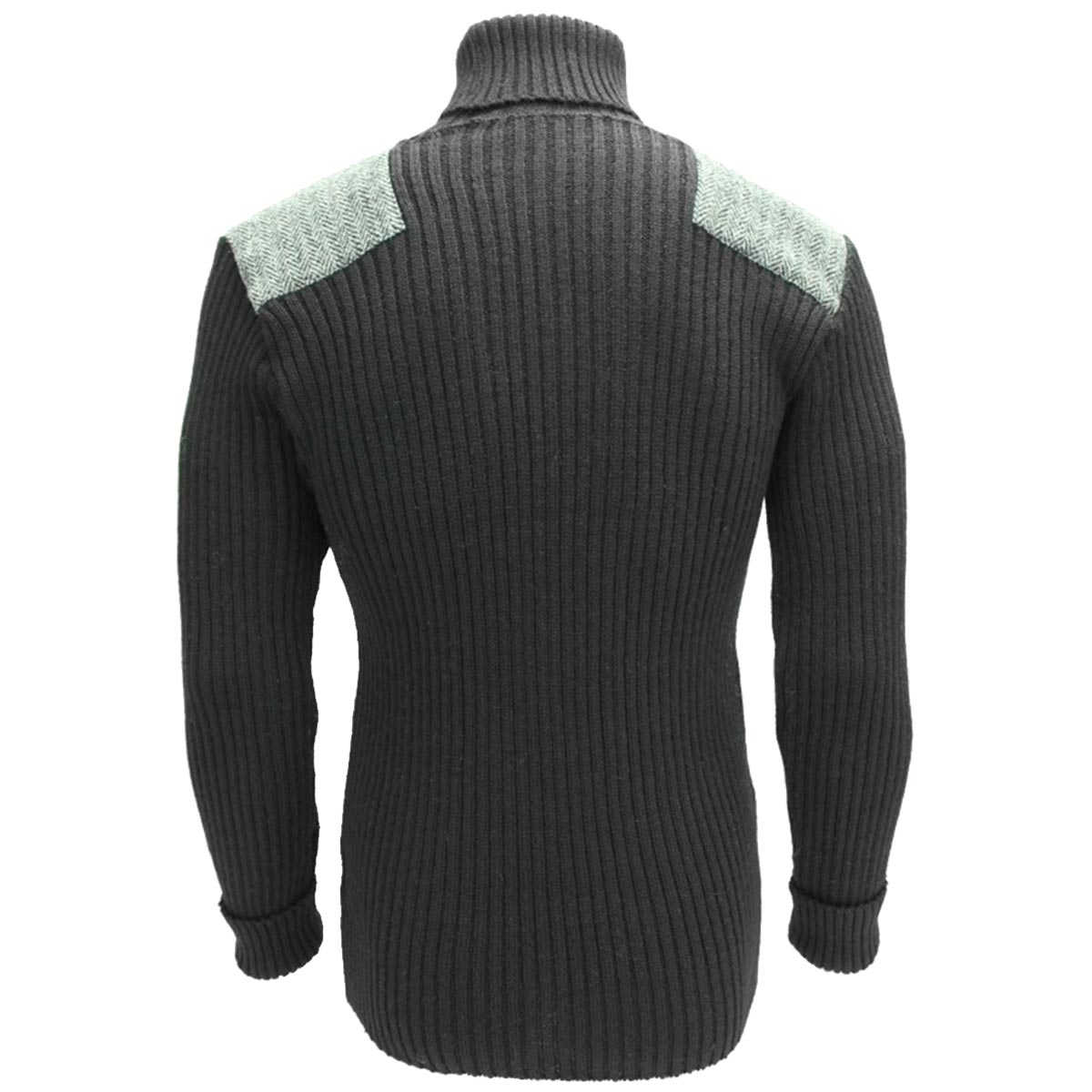 rear view of ghillie roll neck woolly pully sweater with harris tweed patches