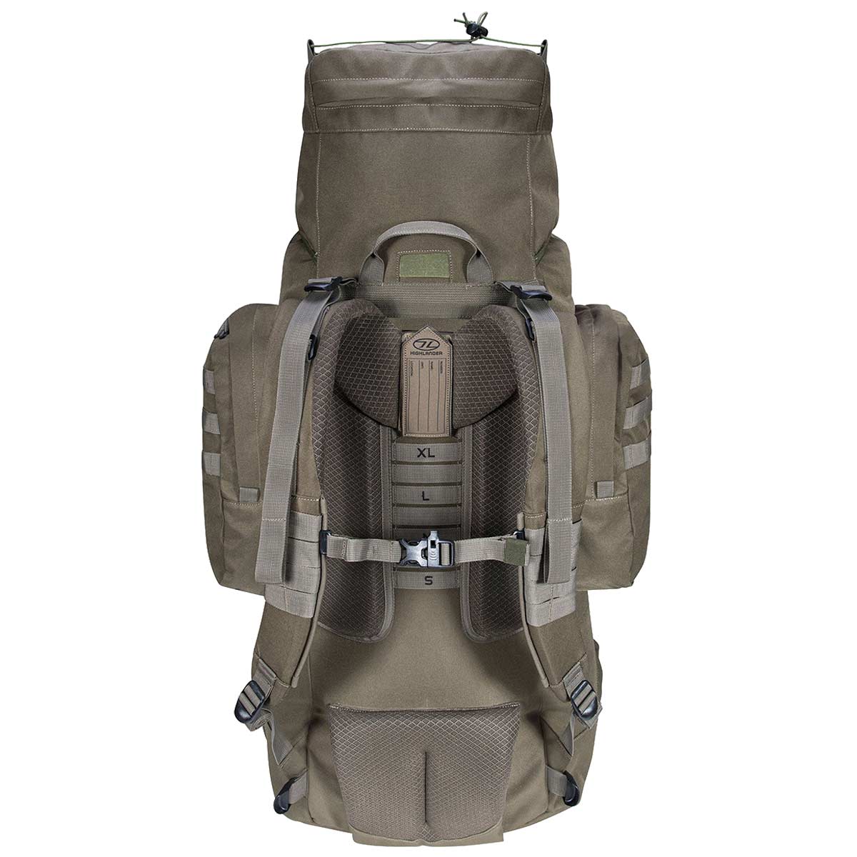 rear view of highlander forces elite pack 88l ranger green