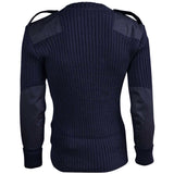 rear view of navy army wool commando jumper with epaulettes
