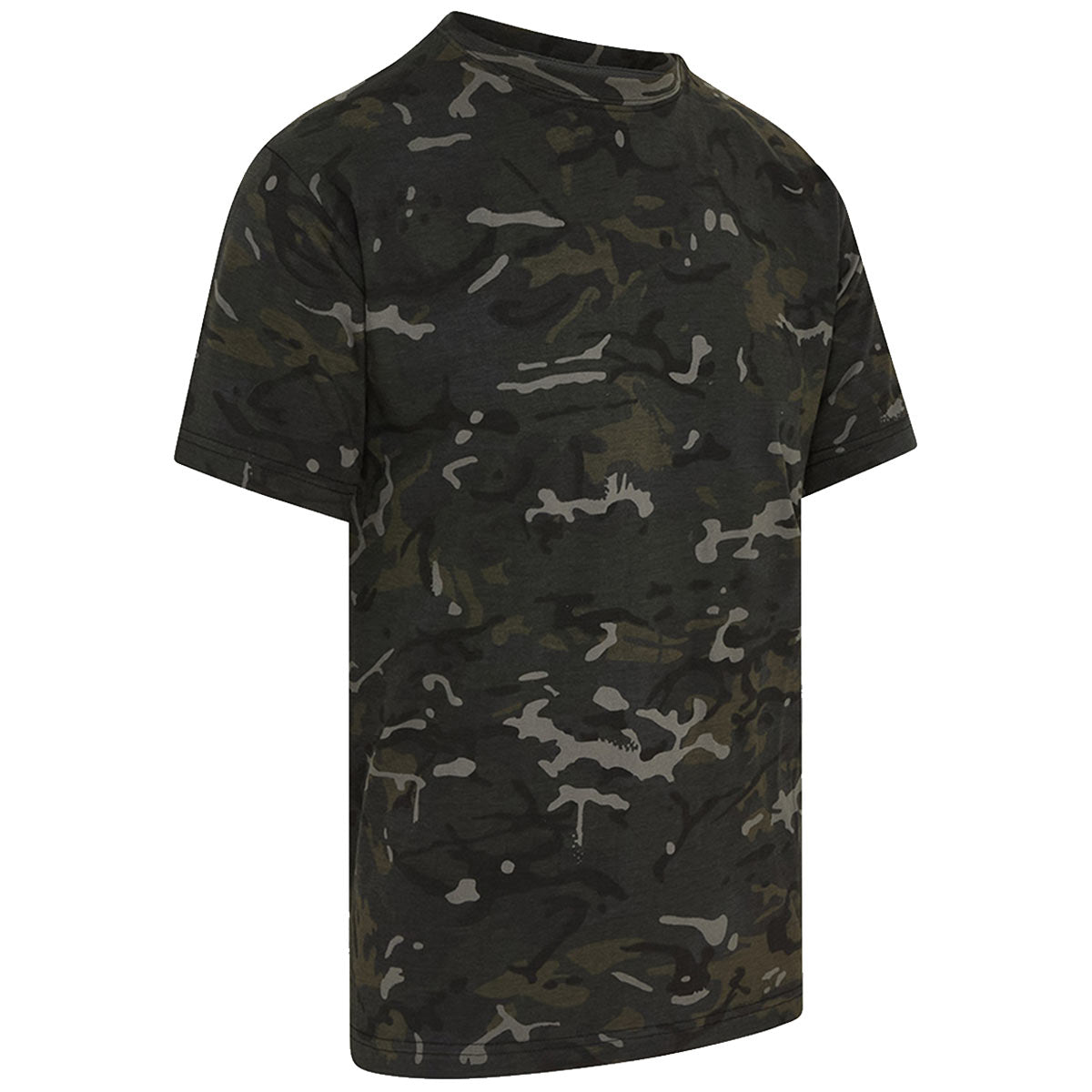 side angle of black btp camo kombat tshirt