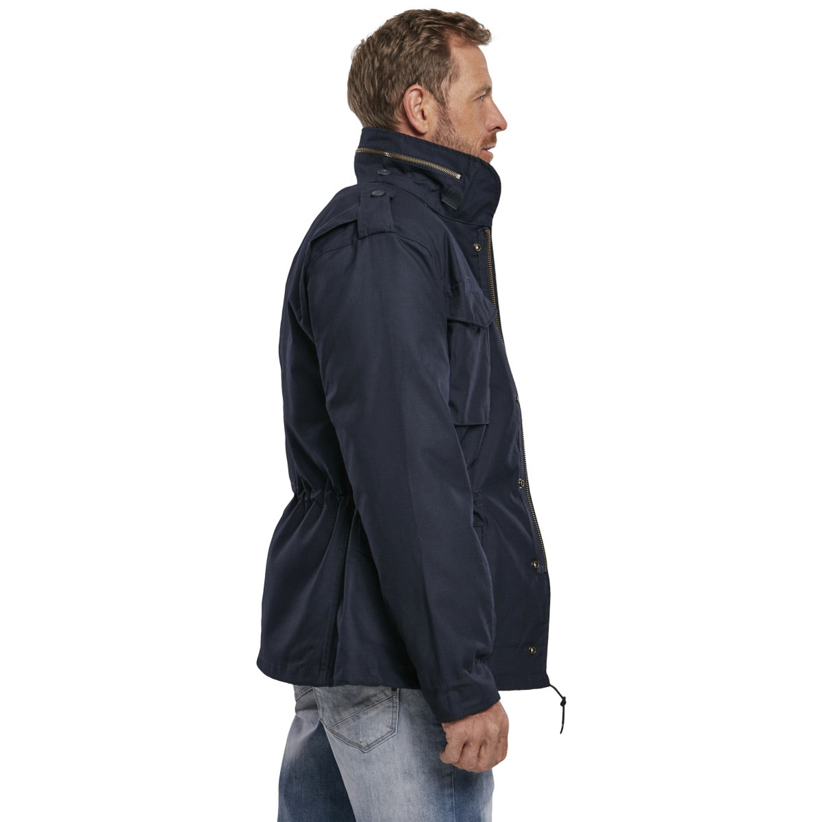 side angle of brandit navy m65 field jacket