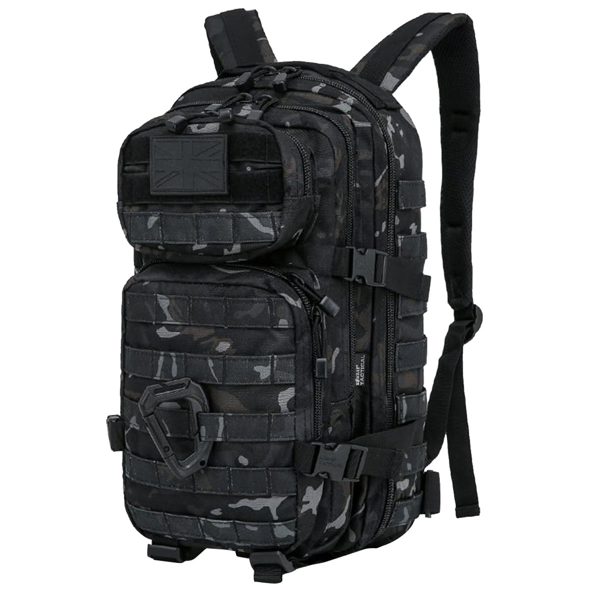 side angle of btp black camo kombat 28l molle backpack