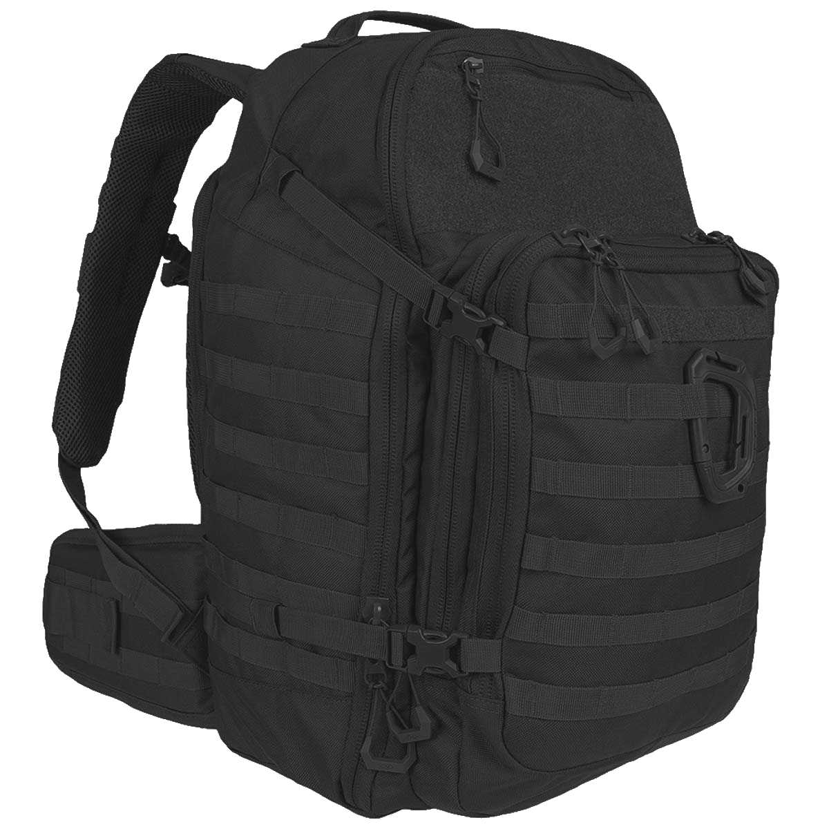 side angle of highlander harrier black full clamshell pack 35l