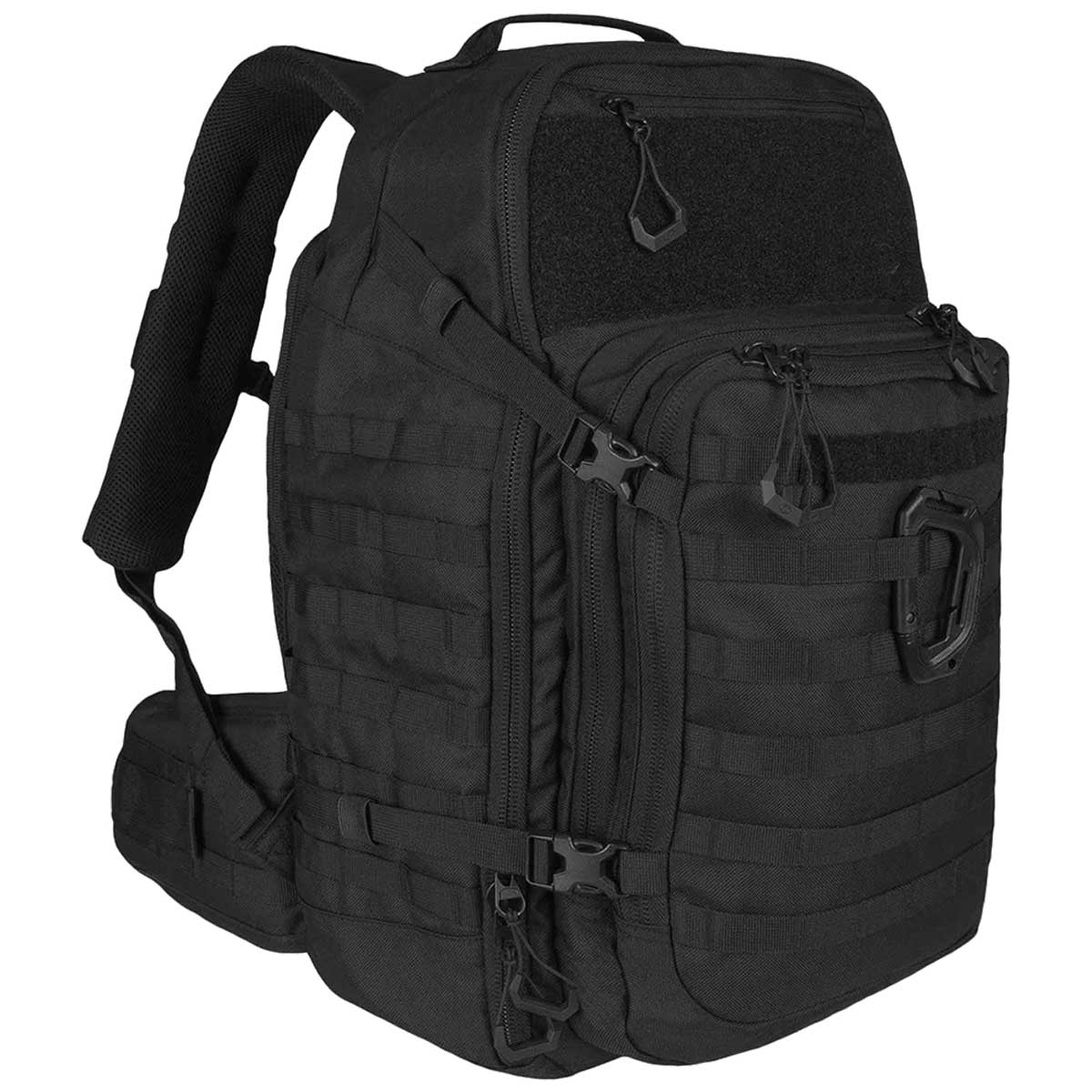 side angle of highlander harrier black full clamshell pack 45l