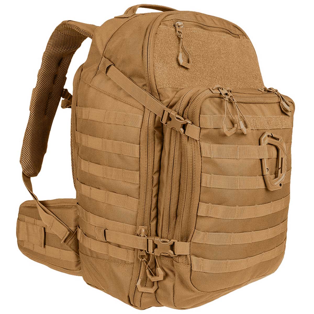 side angle of highlander harrier coyote tan full clamshell pack 35l
