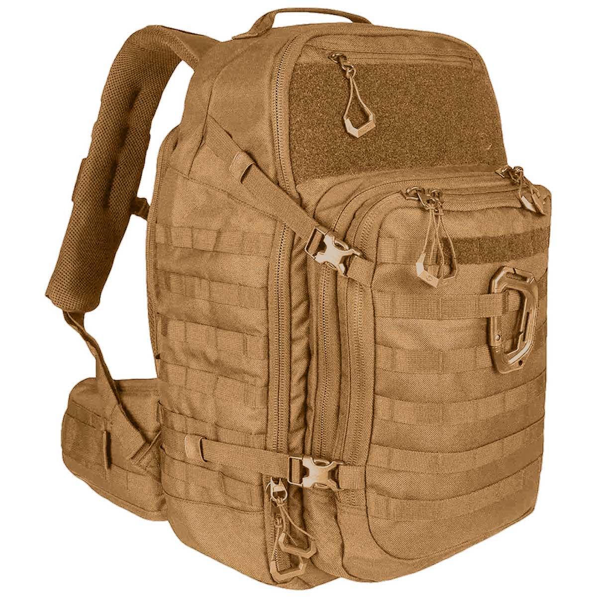 side angle of highlander harrier coyote tan full clamshell pack 45l