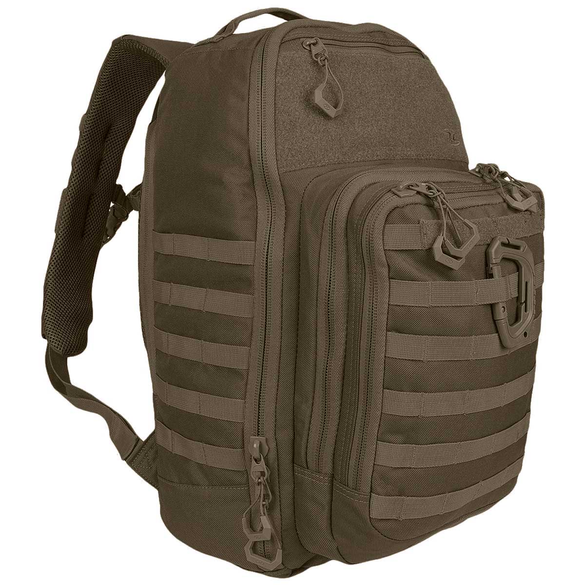 side angle of highlander harrier full clamshell 25l pack ranger green