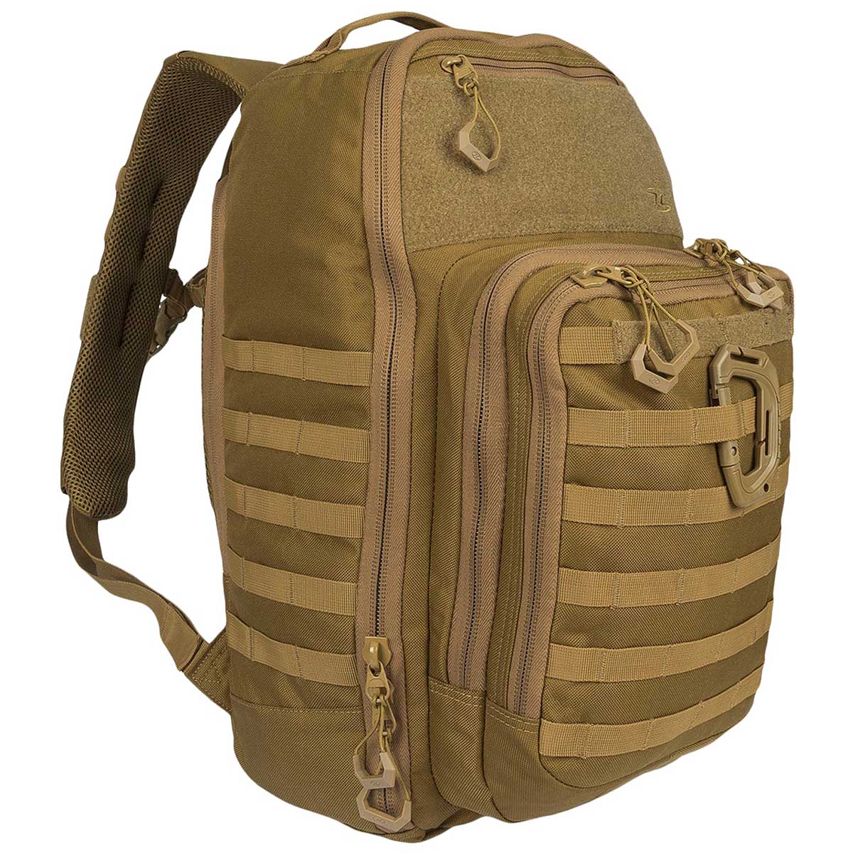side angle of highlander harrier full clamshell pack 25l coyote tan