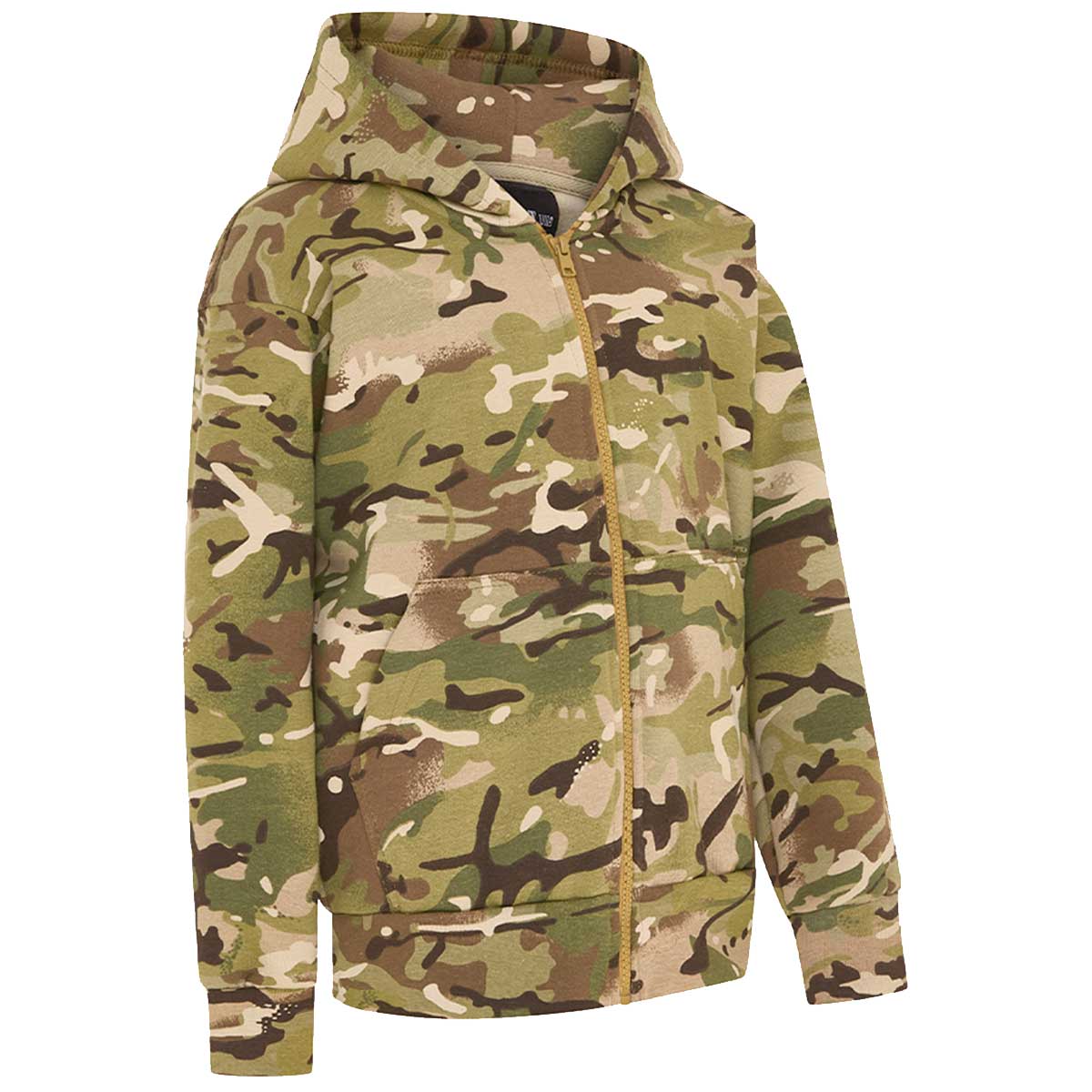 side angle of kombat kids btp camo hoodie