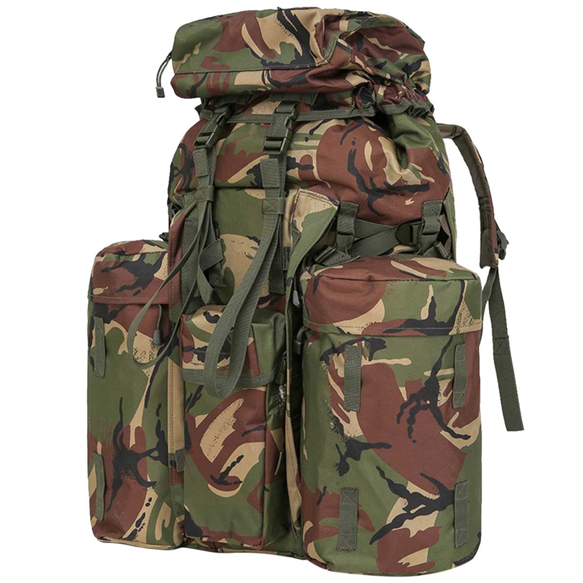 side angle of kombat plce 120l dpm camo bergen