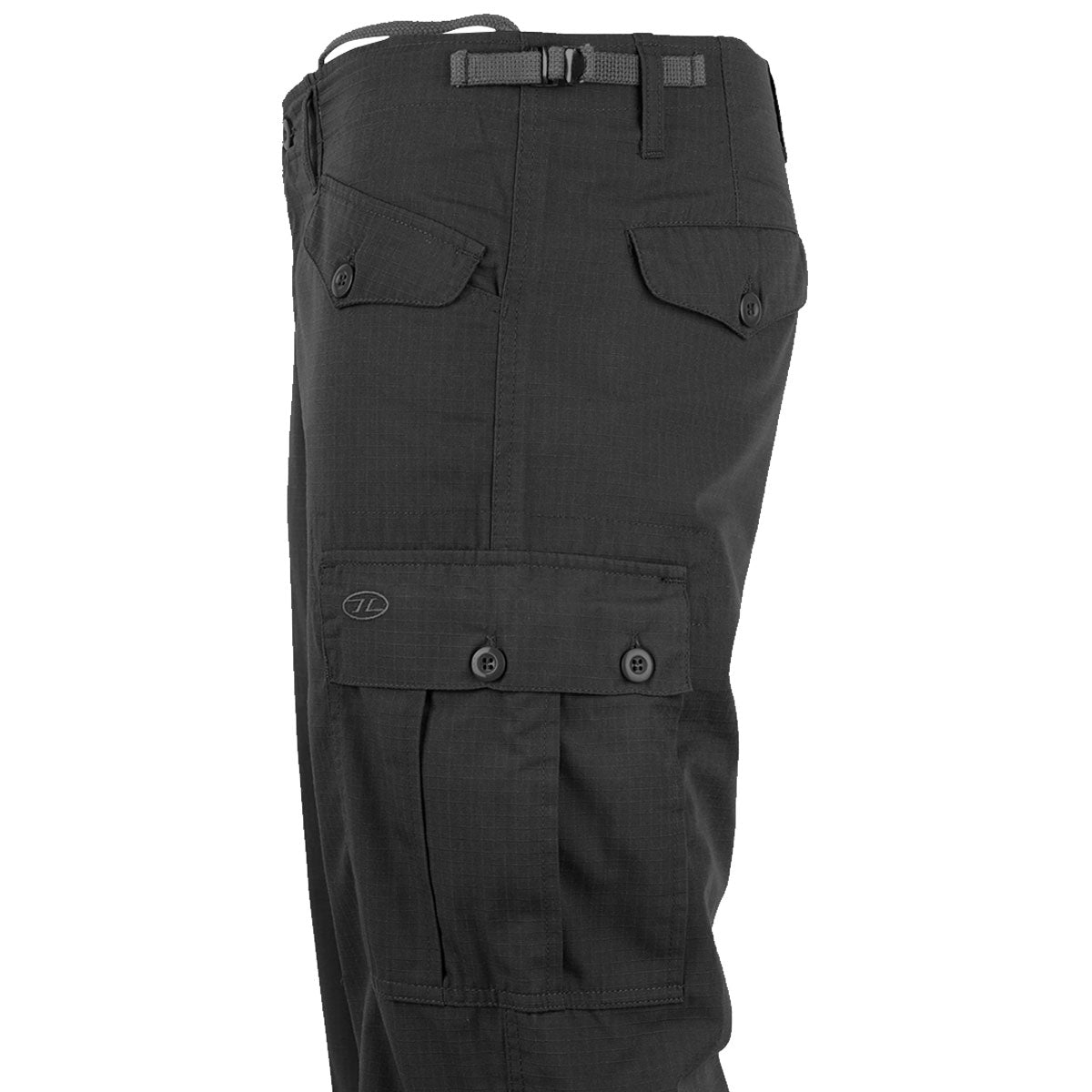 side detail of highlander black m65 combat trousers