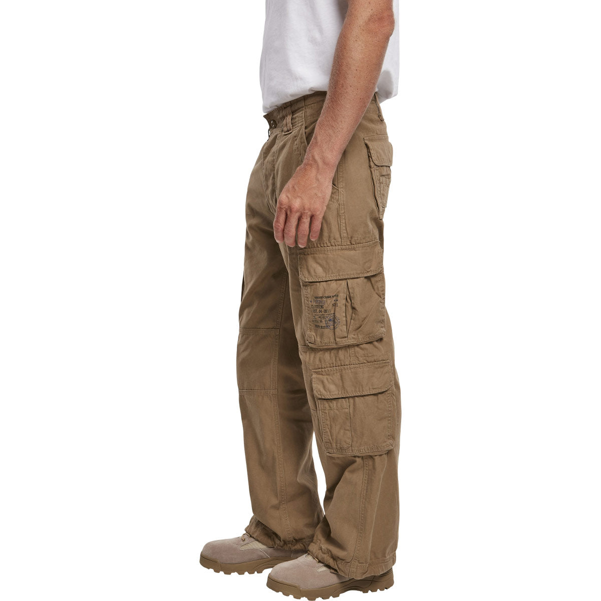 side leg cargo pockets on brandit pure vintage beige trousers