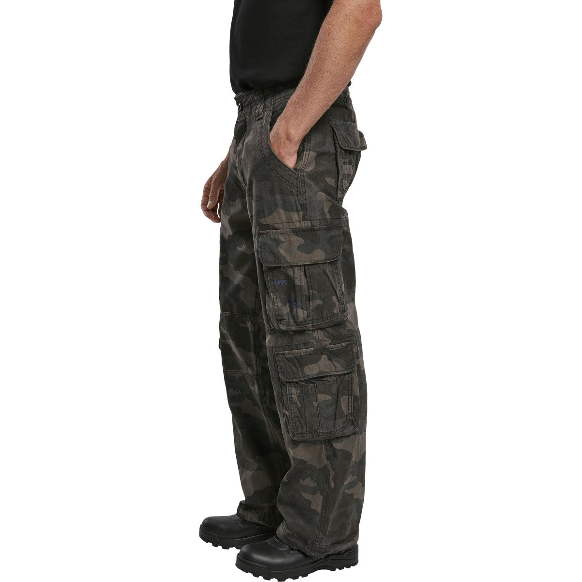 side leg cargo pockets on brandit pure vintage dark camo trousers