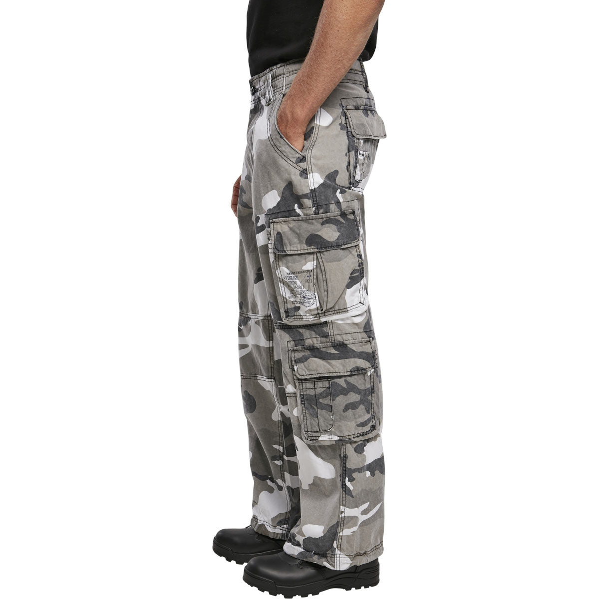 side leg cargo pockets on brandit pure vintage urban camo trousers