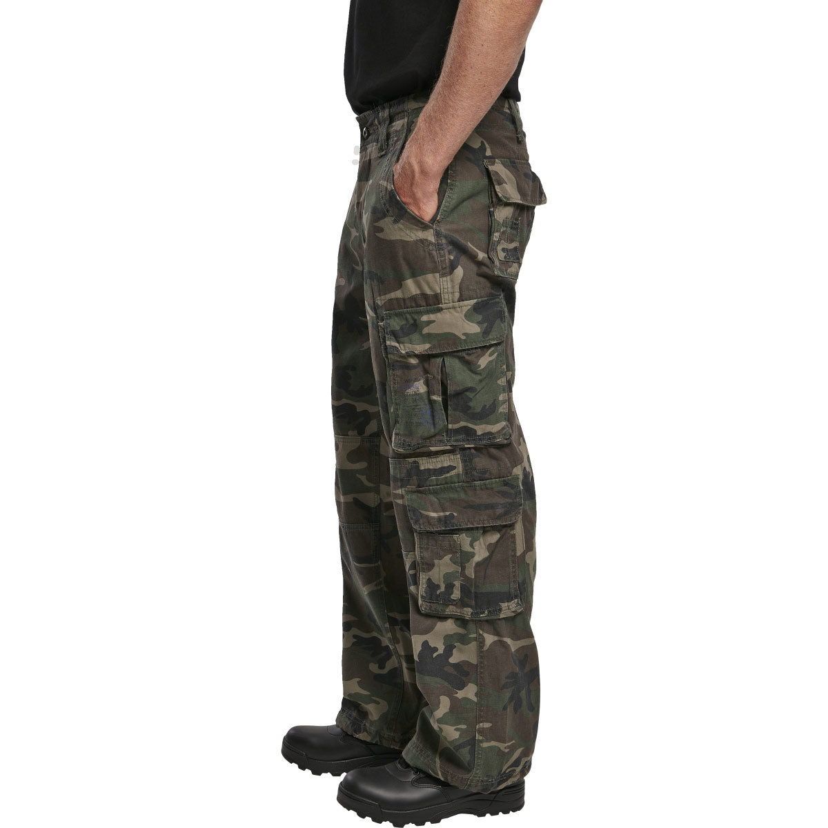 side leg cargo pockets on brandit pure vintage woodland camo trousers