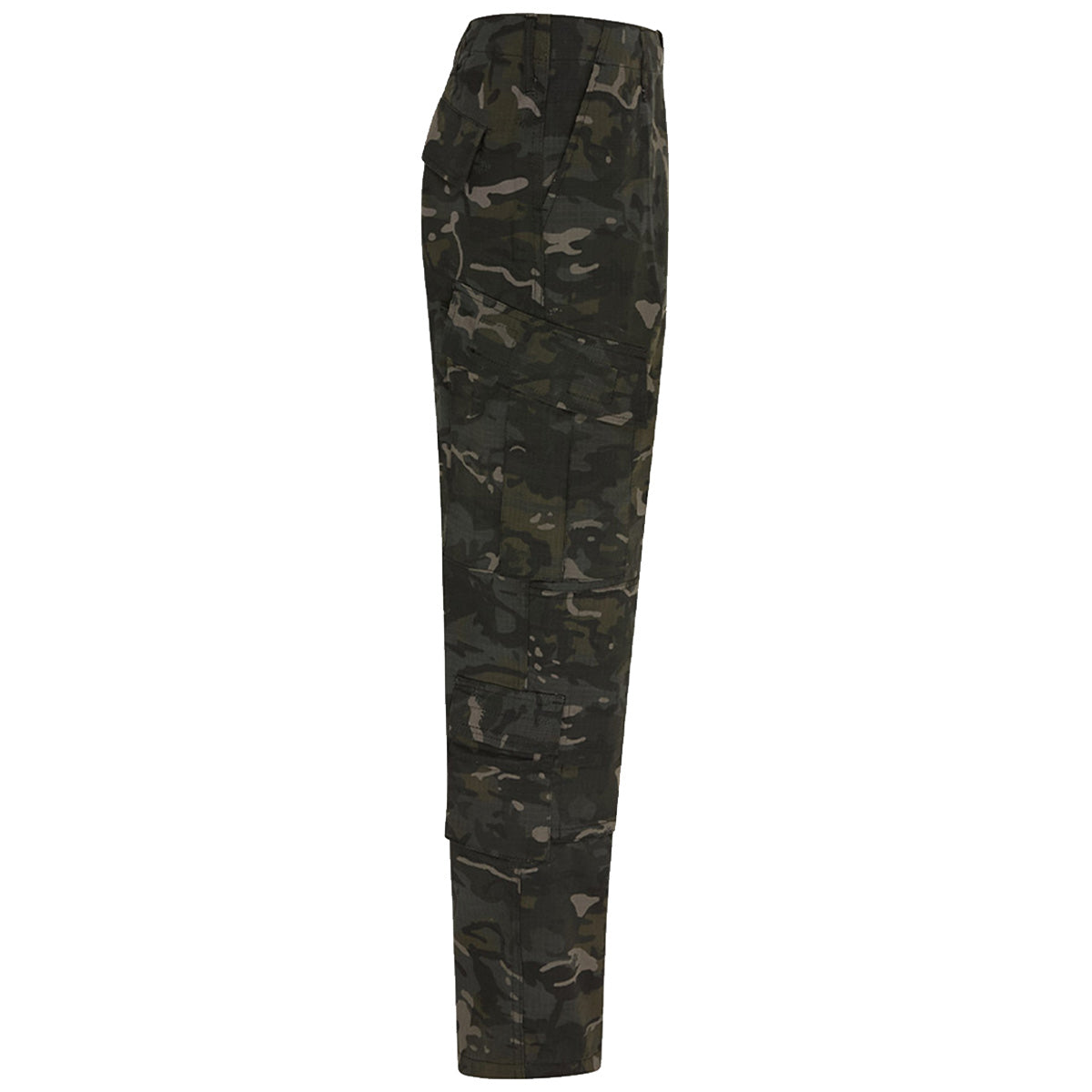 side view of black camo kombat tactical acu trousers