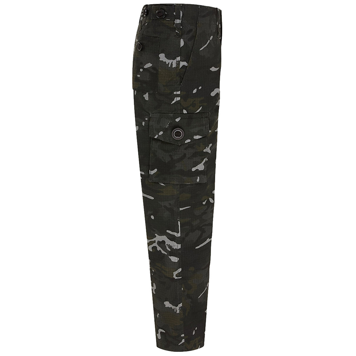 side view of kombat kids black btp camo trousers