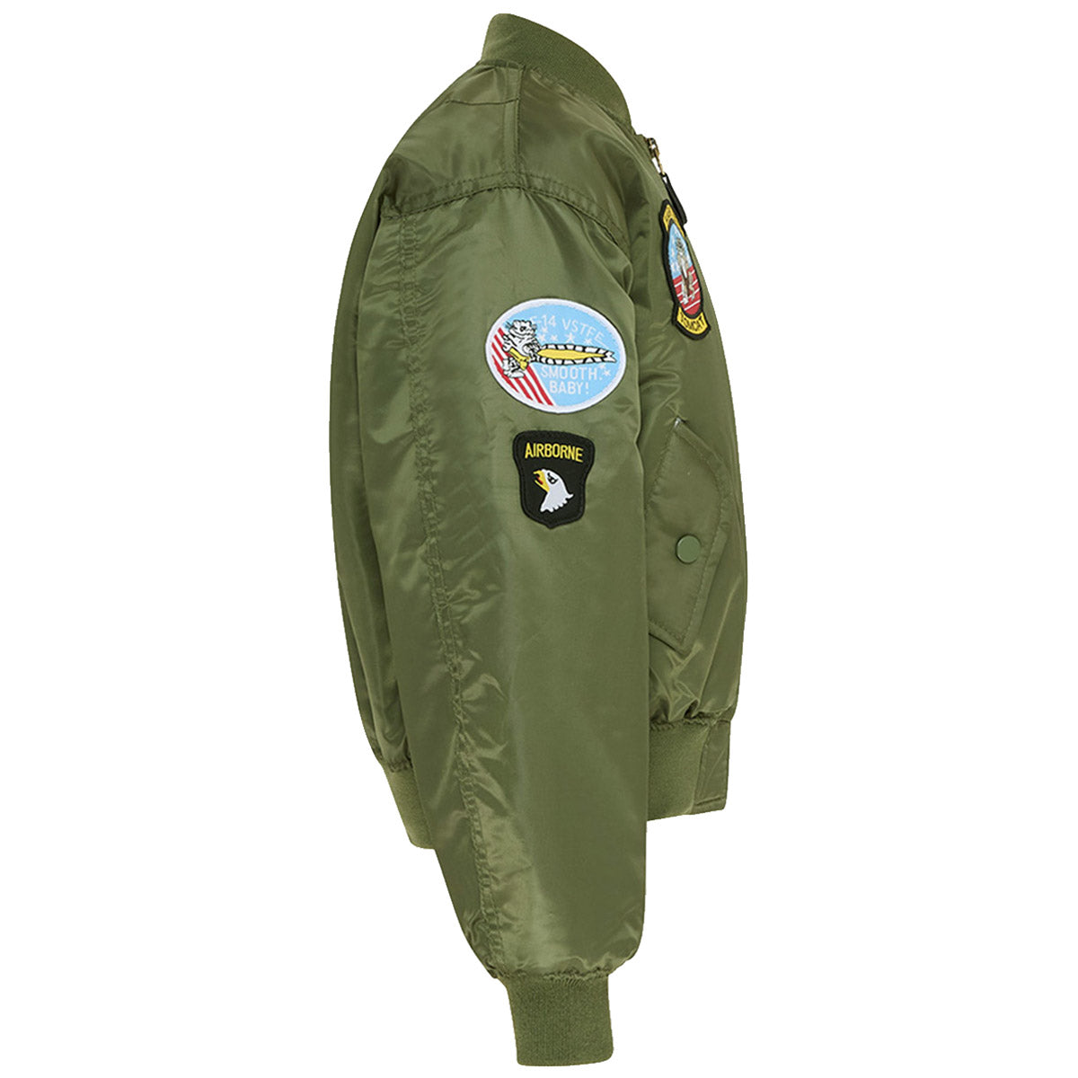 side view of kombat kids ma1 olive green jacket