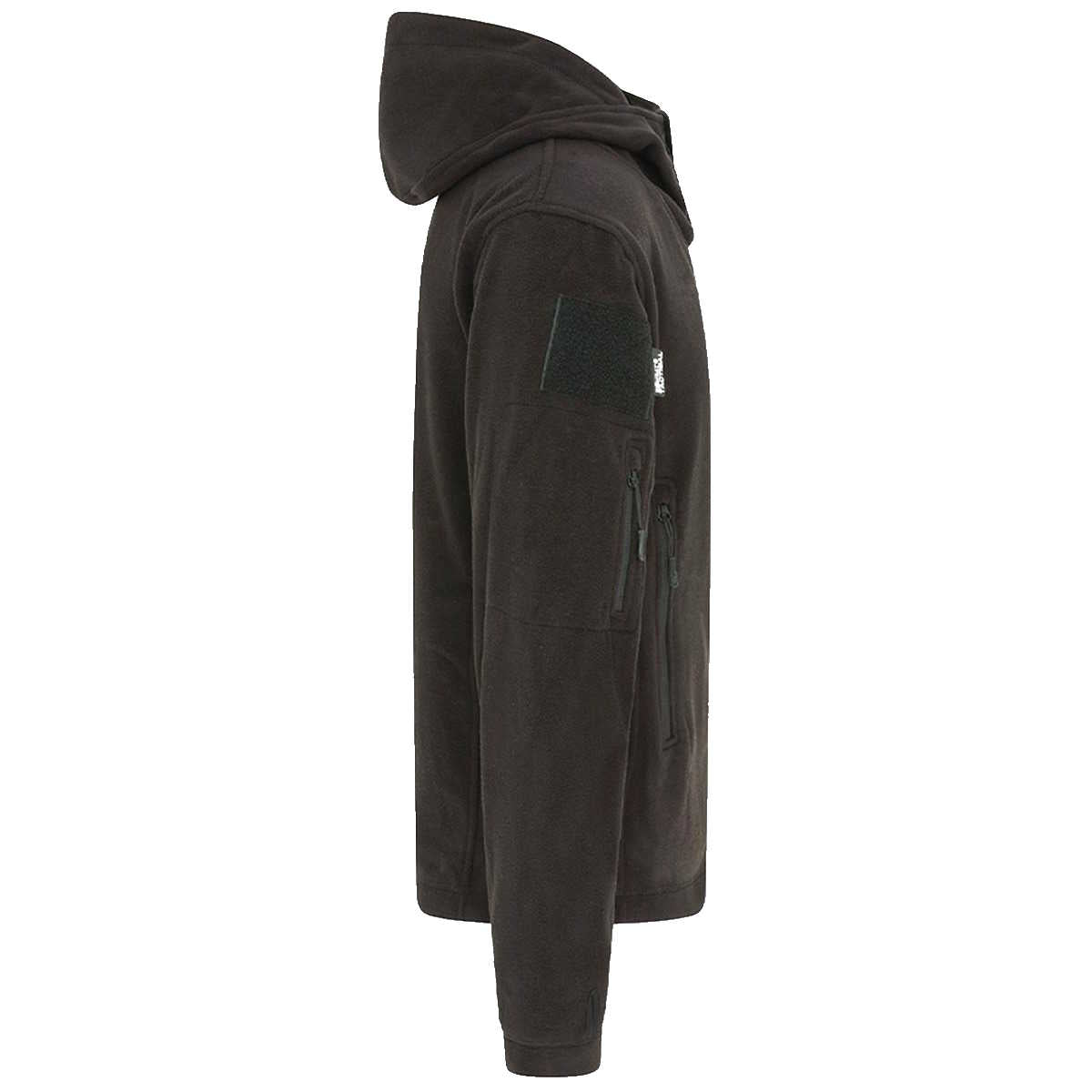 side view of kombat tactical black recon hoodie with arm pocket and patch