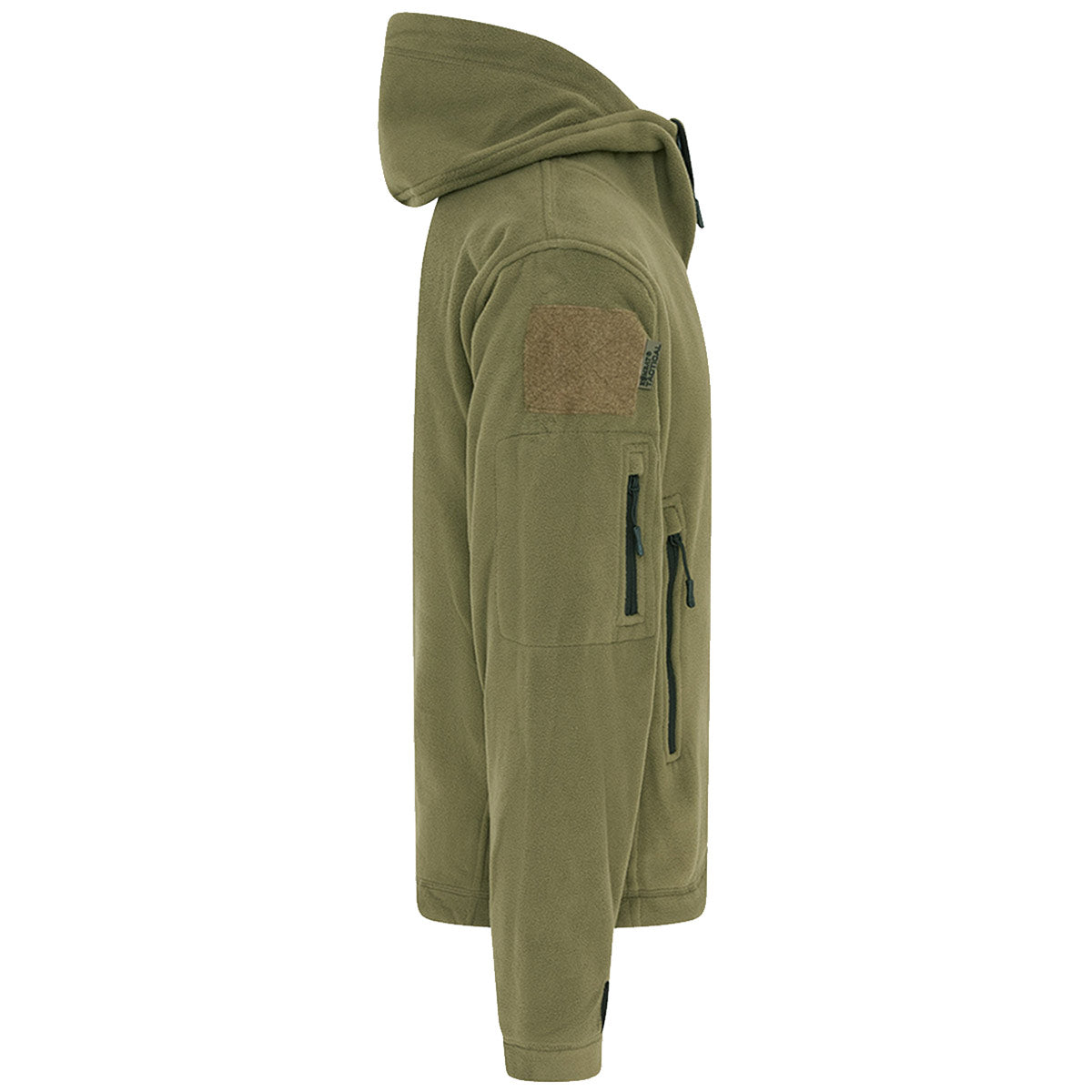 side view of kombat tactical olive recon hoodie with arm pocket and patch