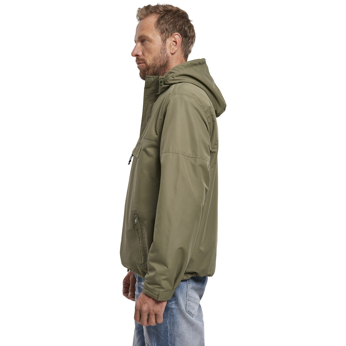 side view of olive brandit windbreaker jacket